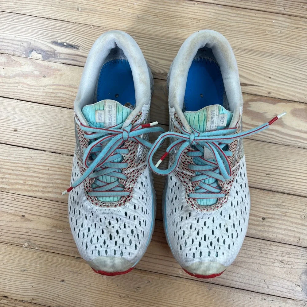 Brooks Glycerin 16 Womens Running Shoes Size 9 White Blue Red athletic comfort
